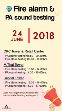 Monthly PA sound and Fire alarm testing in June, 2018